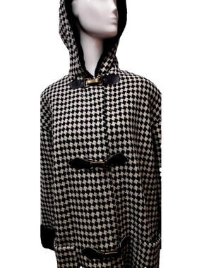 Vintage Heavy Fur Wool Coat Houndstooth Hooded Faux Back Fur Ashley Scott M L